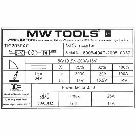 Poste à Souder TIG AC/DC Pulse 200 A + Accessoires MW-Tools TIG205PAC – Image 5